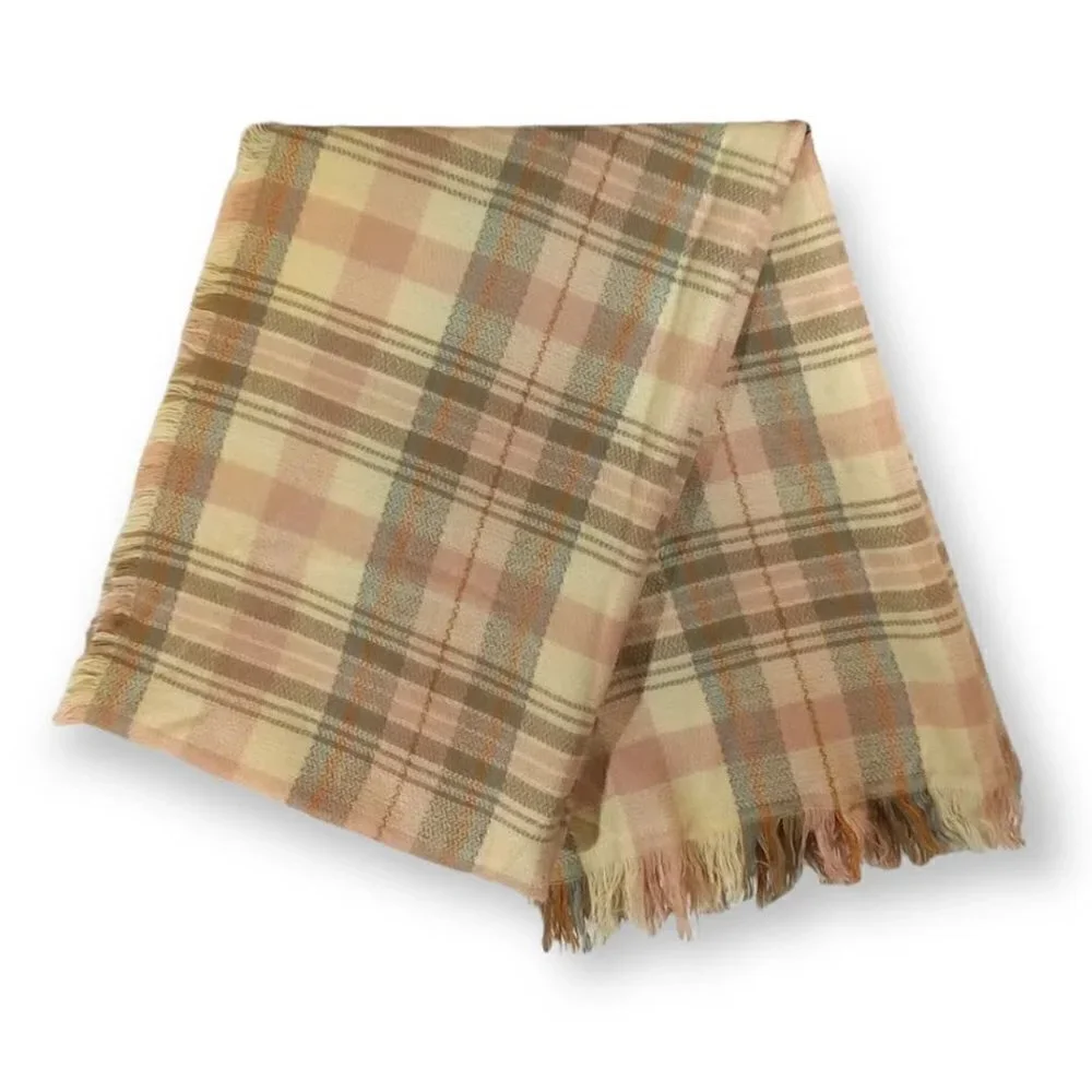 La Double 7 Blush Plaid Raw Hem Scarf